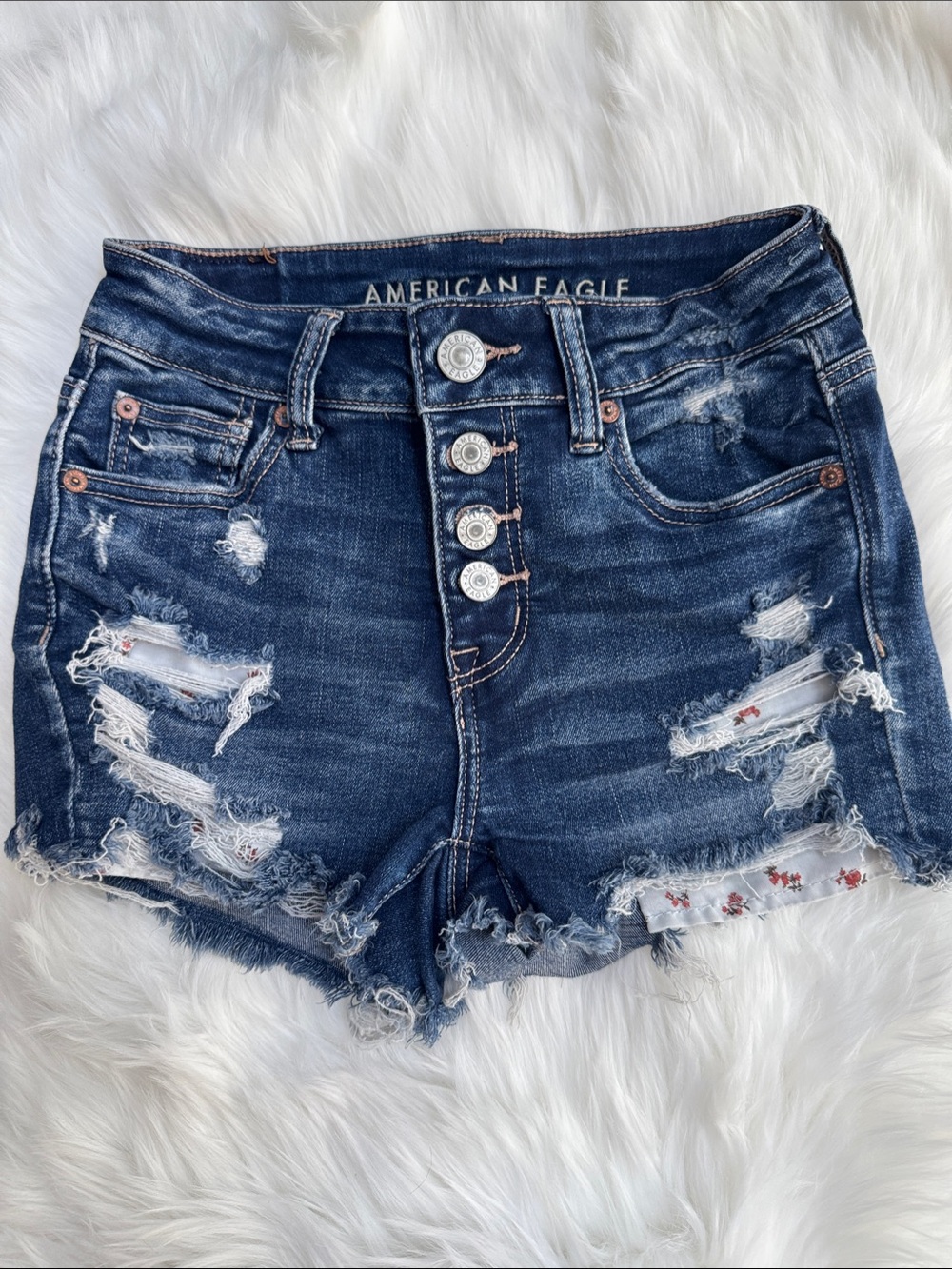 American Eagle Outfitters Dark Blue Distressed Hi-Rise Shortie Jean Shorts